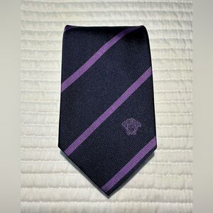Versace Navy Blue With Diagonal Purple Stripes and Medusa Logo Men's Tie